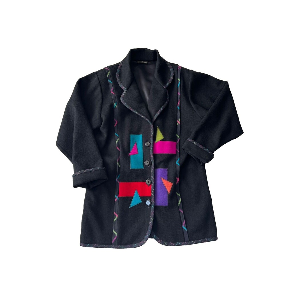 80s 90s Lynn Murray Wool Geometric Colorful Collared Button Front Coat Size S